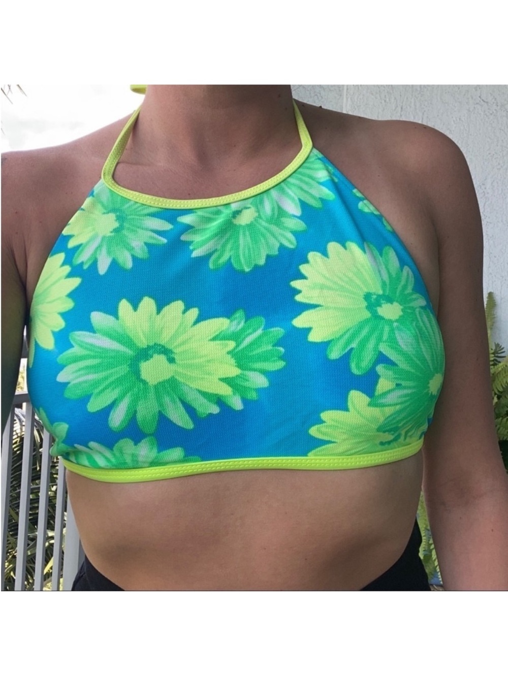 Y2K Green Blue Floral Halter Swimsuit Top
